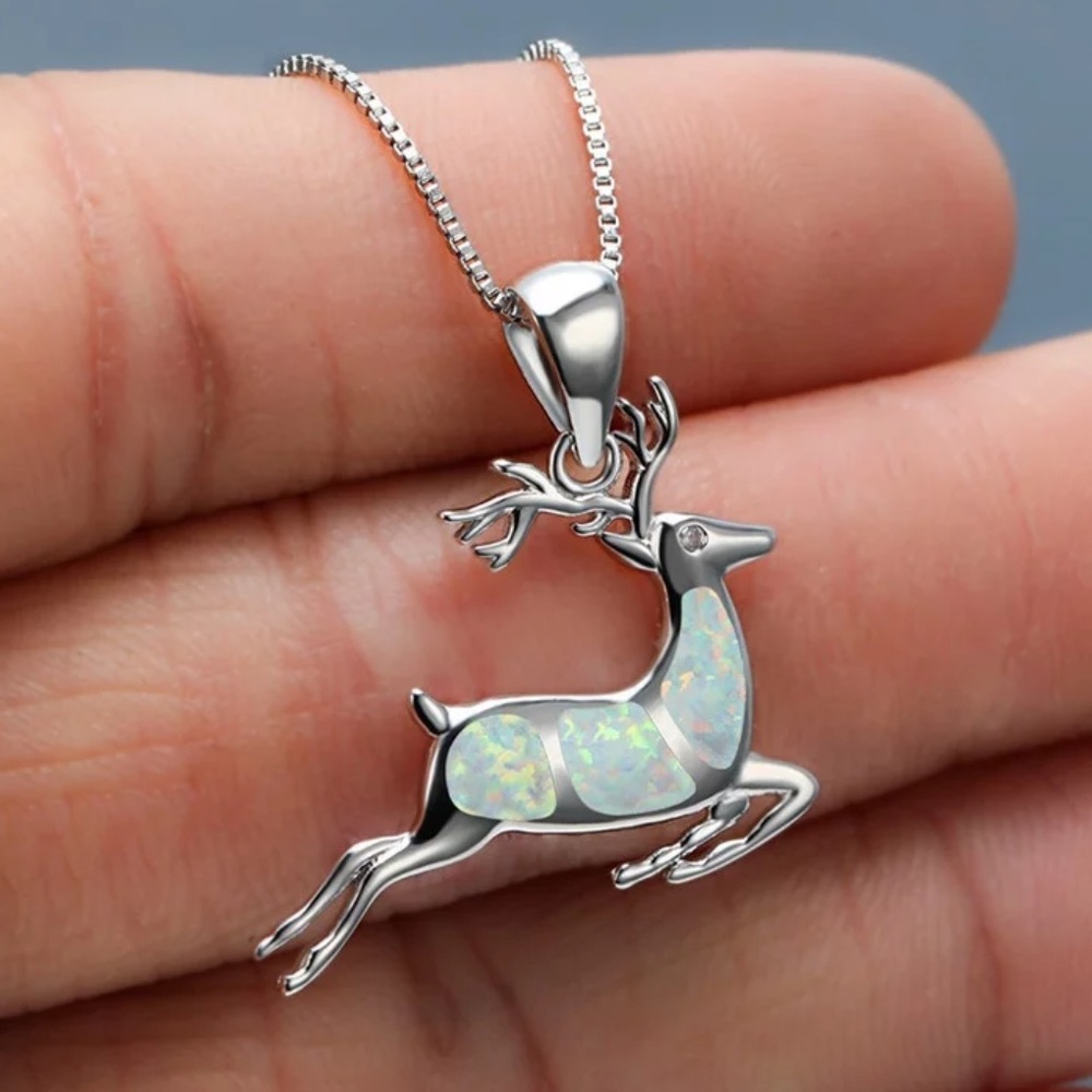 NEW SILVER CUTE DEER WHITE OPAL  NECKLACE
